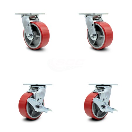Service Caster 5 Inch Red Poly on Steel Caster Set with Roller Bearings 2 Swivel Lock 2 Brake SCC-30CS520-PUR-RS-BSL-2-TLB-2